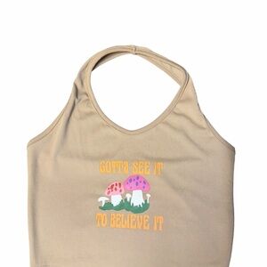 ROMWE Beige Halter Tank Top with Colorful Mushroom Graphic